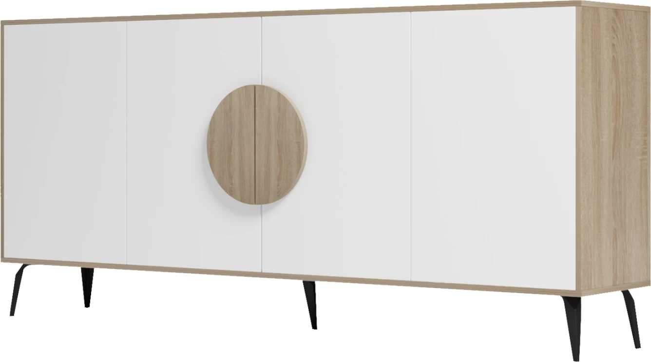 Komodë SAVORE, sonama/e bardhë, këmbë metalike të zeza, 180x35.5x82cm