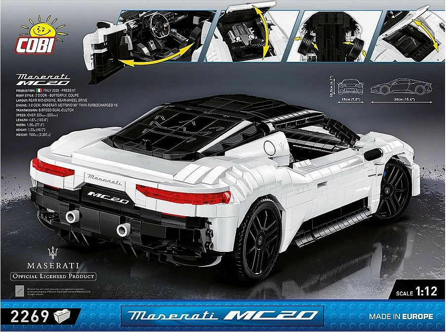 Blloqe ndërtimi Cobi Maserati MC20, 2269 copë, shkallë 1:12, bardhë/zi