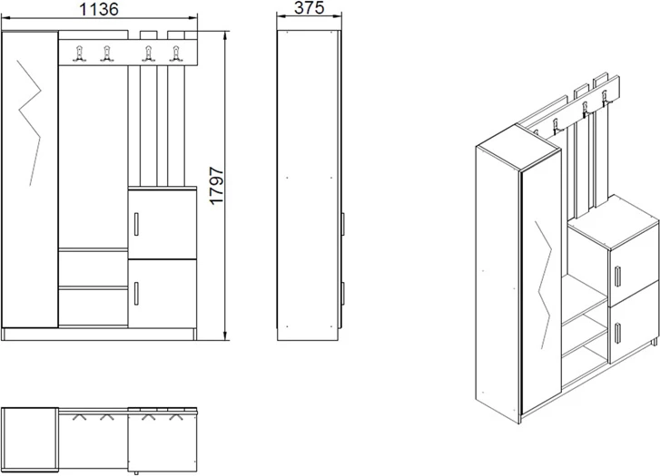 Mobilje hyrëse Saron me pasqyrë, hije natyrale-antracit, 113x35x180cm