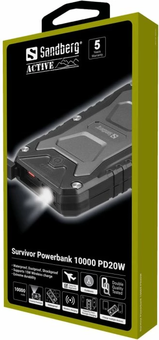 Powerbank Sandberg Survivor 420-91 10000mAh PD 20W me karikim pa kabllo 15W IP66, e zezë, set me kabllo USB-C dhe rrip