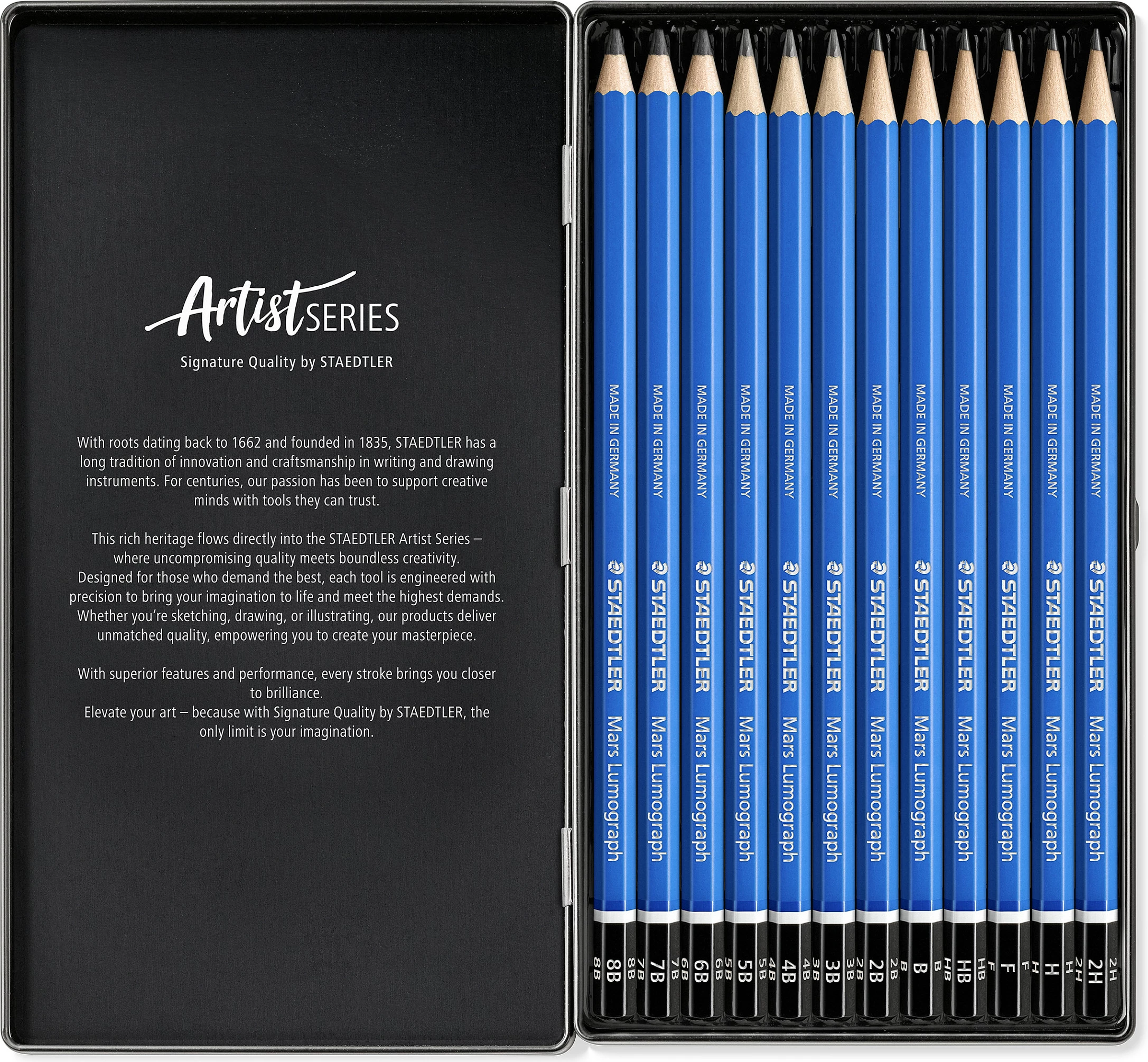 Laps grafiti STAEDTLER Mars Lumograph, set 12 copë, gjashtëkëndor, 8B-2H, blu