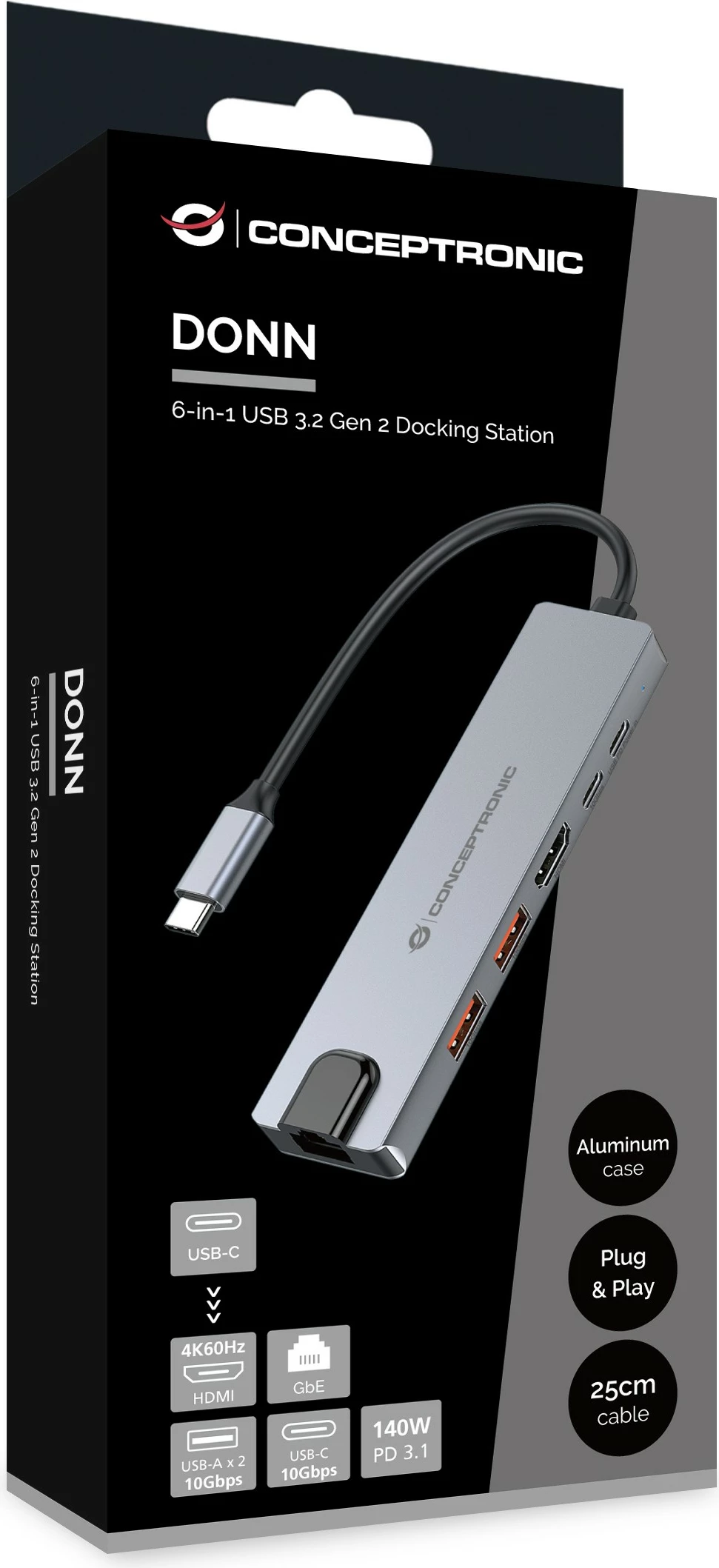 Dock USB-C Conceptronic 6-në-1, HDMI, 2xUSB-A, USB-C, 25cm, gri
