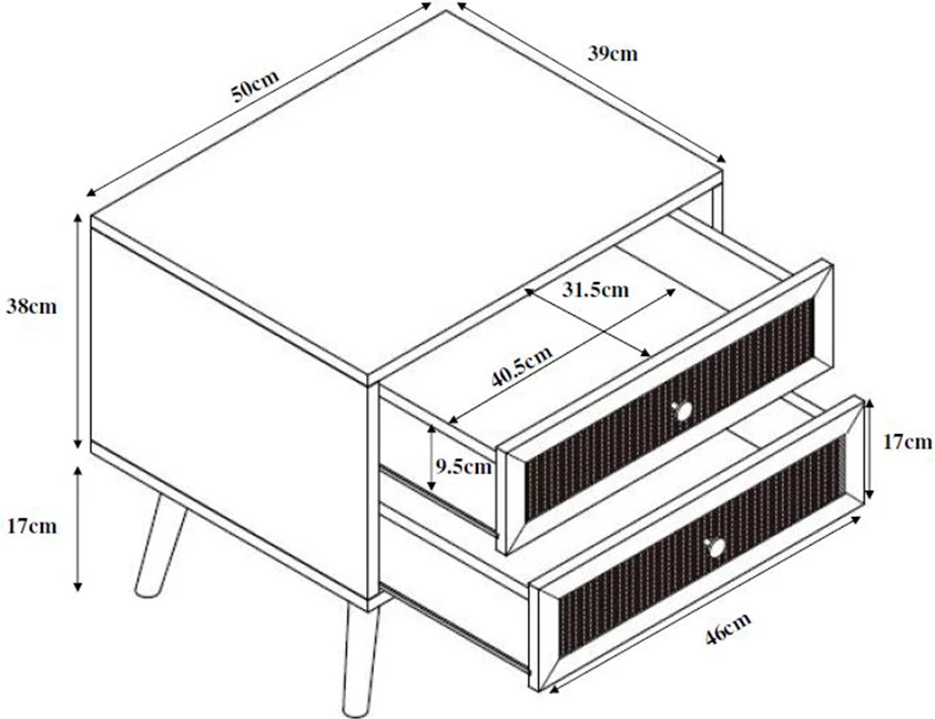 Komodinë Ammos, 2 sirtarë, natyrale me ratan, 50x39x54.8cm