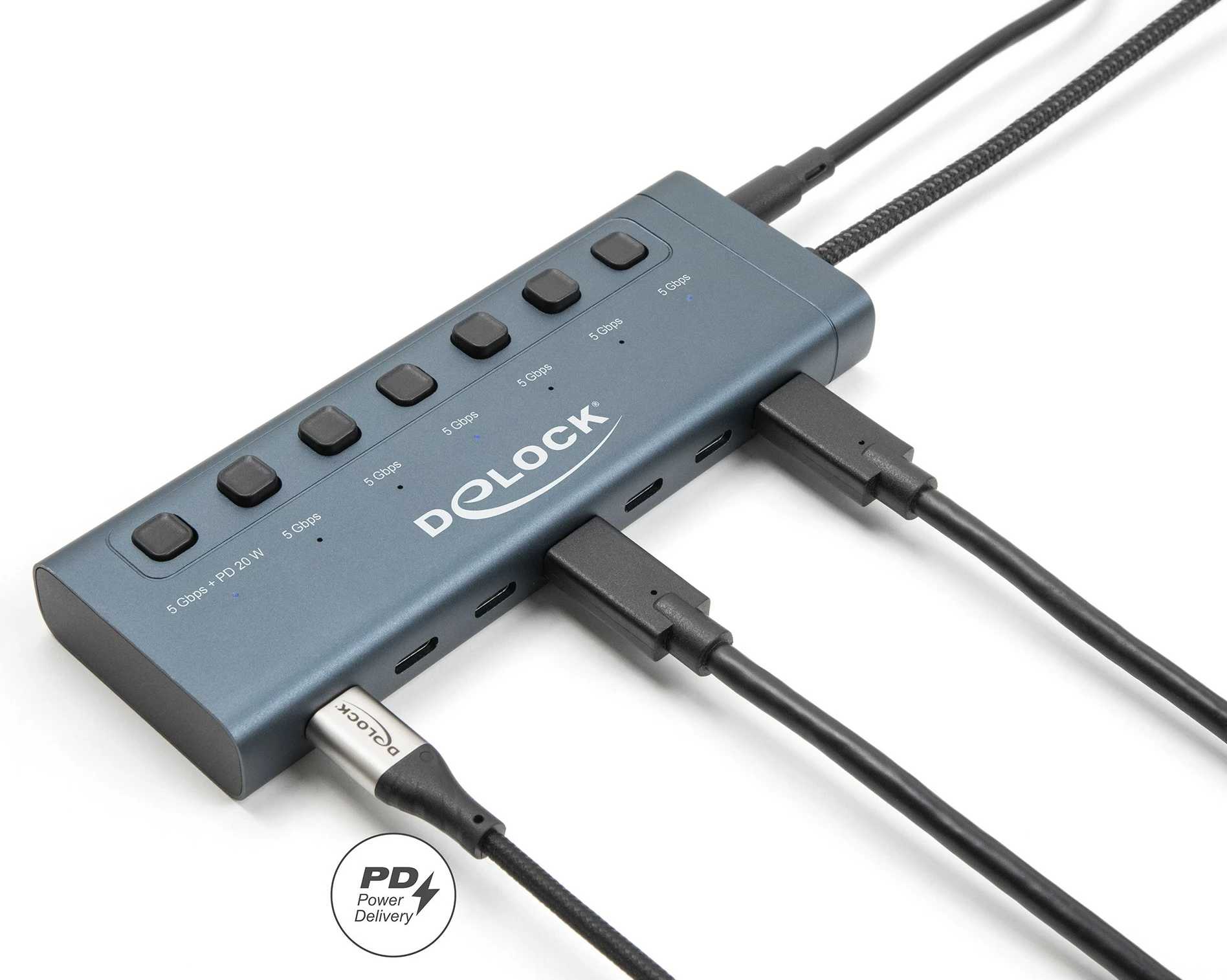 USB hub DeLOCK 7 porta Type-C, 5 Gbps, me çelësa, PD 20W, kaltër