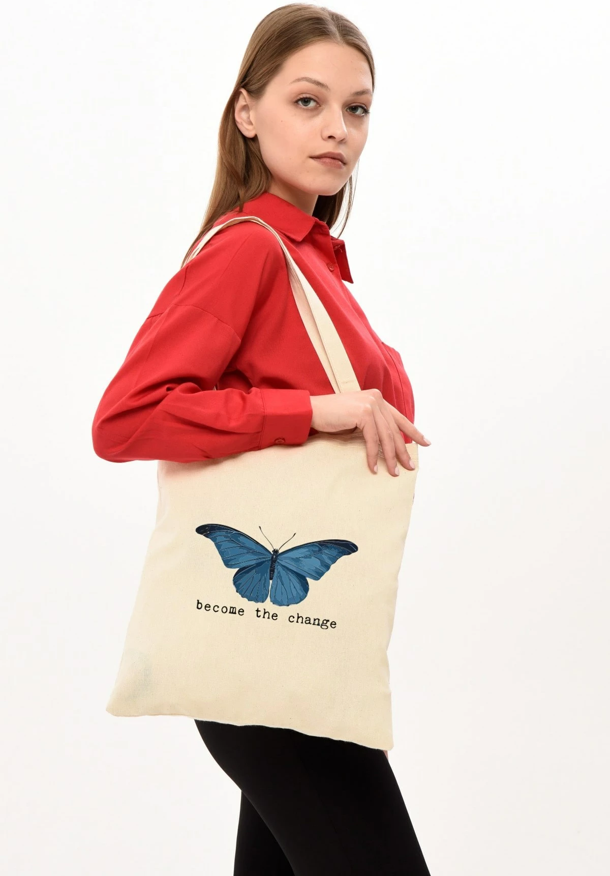 Torbë Tote Zoozie Bags, ngjyrë krem, 35x40cm, flutur blu