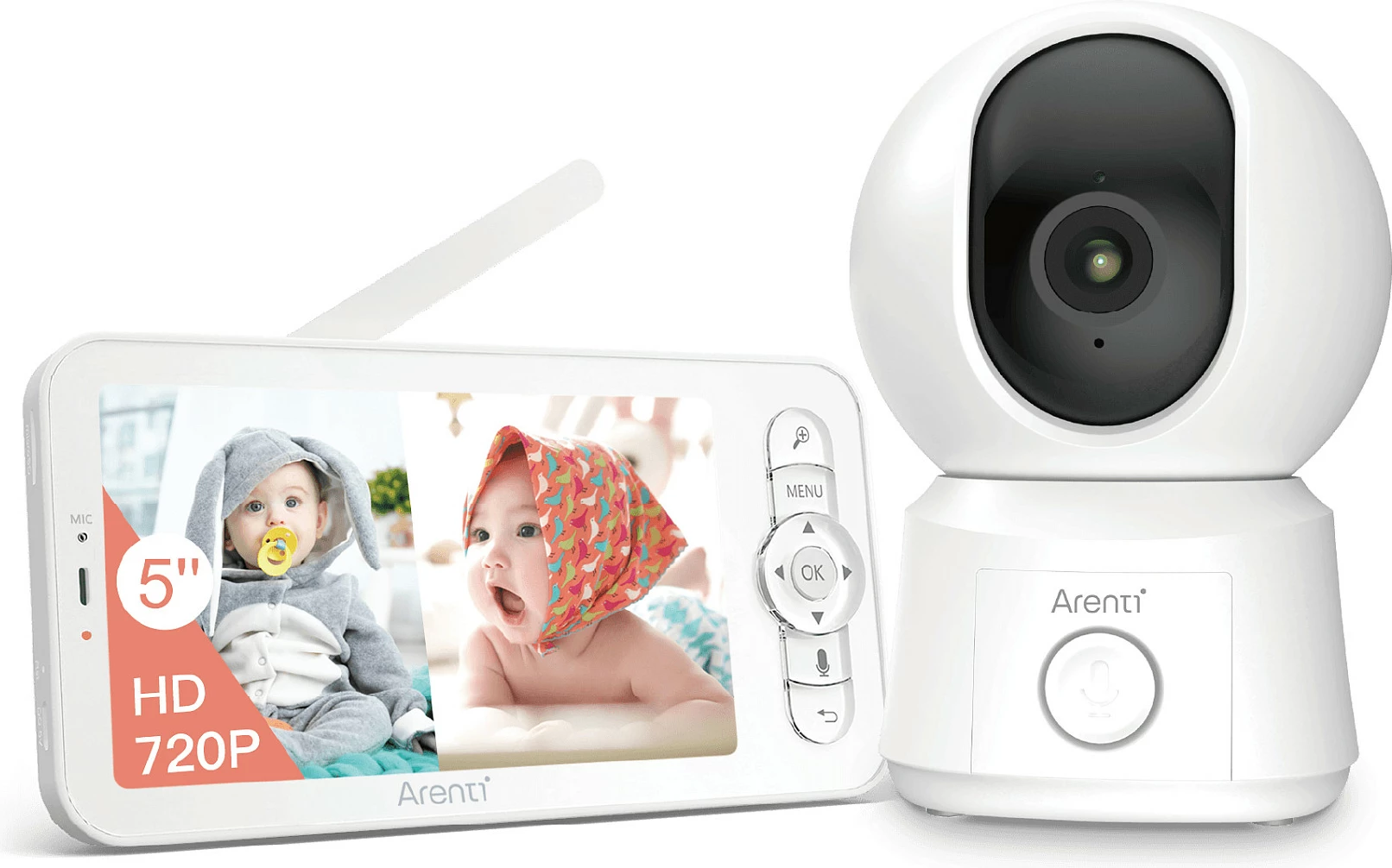 Kamerë sigurie IP Arenti AINANNY B2 KIT, Wi‑Fi, PTZ, 1080p, monitor 5", e bardhë