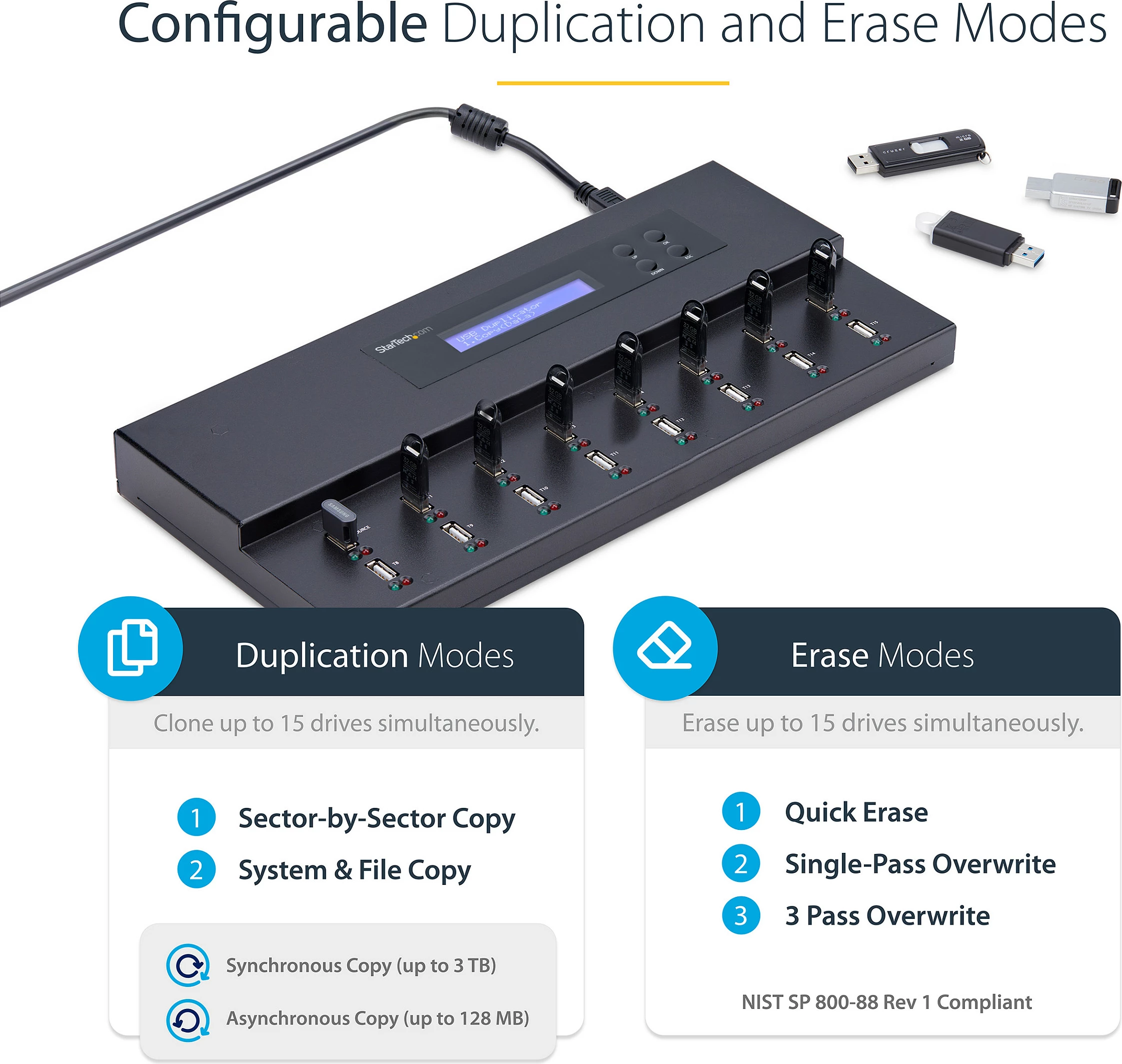 Duplikator dhe fshirës USB StarTech 1:15, LCD, USB 2.0, deri 2TB, i zi