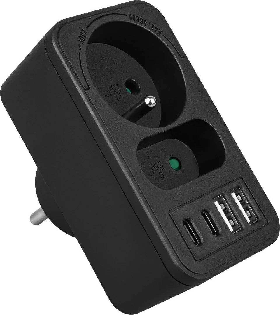 Shpërndarës prizë Maclean MCE249 F/B, 1x Schuko + 1x Euro, 2x USB-A 18W, 2x USB-C PD 20W, e zezë