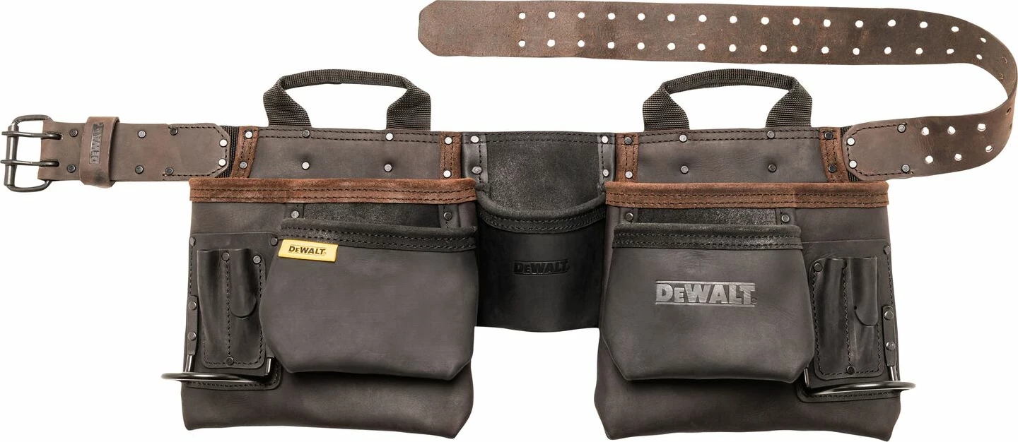 Brez veglash Dewalt DWST50112-1, lëkurë nubuk, 18 kompartmente, rrip 6\" i gjerë, lak çekiçi, klips metri, 2 doreza, kafe/zi