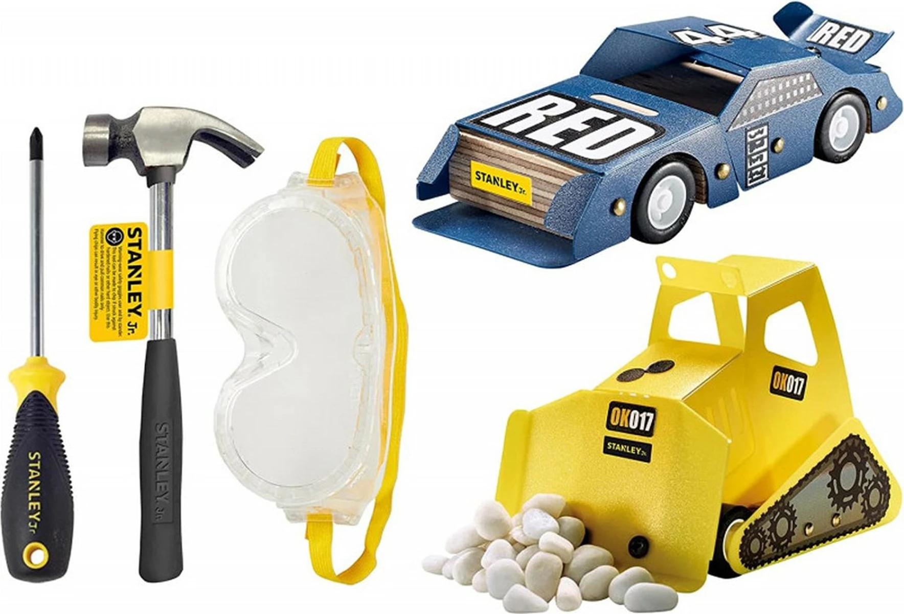 Set lodrash vegla për fëmijë Stanley Jr U004-K02-T03-SY, 2 automjete DIY (makinë garash & ekskavator) + 3 vegla, set 5 copë, e verdhë/zezë