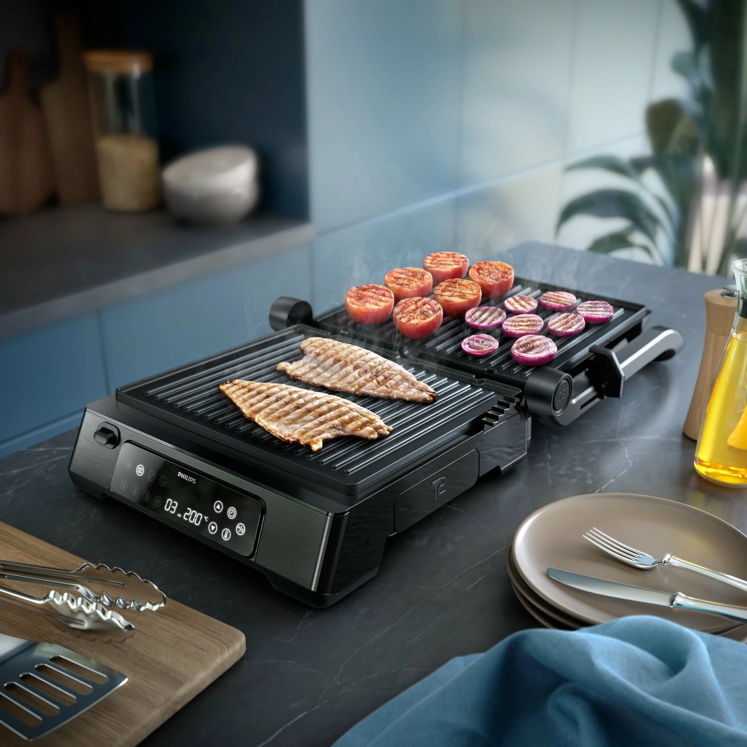 Grill elektrik Philips HD6307/70 2200W kontakt, kontroll temperature, timer, termometër, i zi