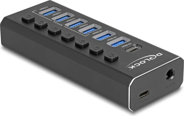 USB hub DeLOCK 7 porta, 4x 10 Gbps, 4x karikim i shpejtë, me çelësa, i zi