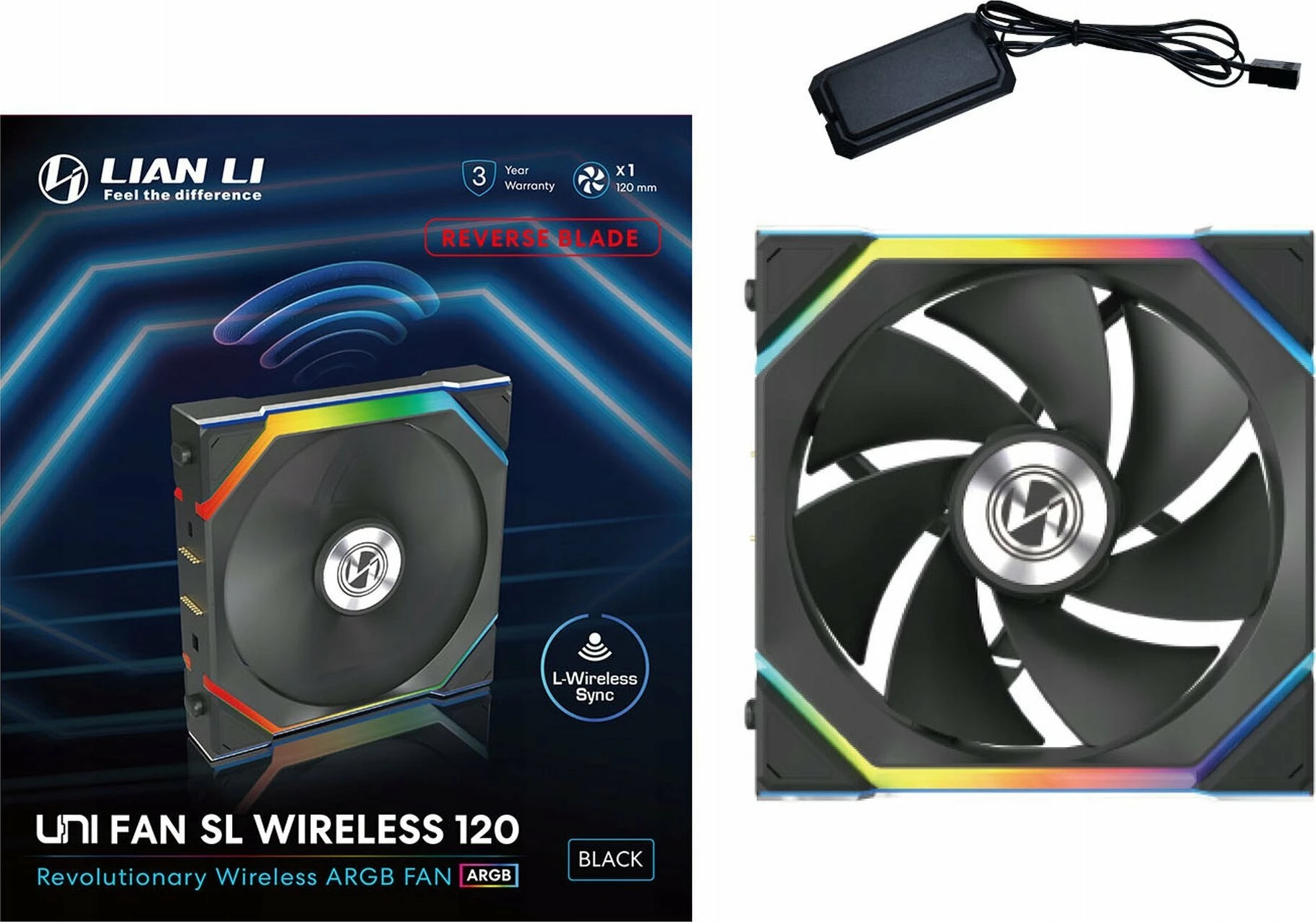 Ventilator PC Lian Li UNI FAN SL Wireless 120mm Reverse Blade ARGB 4-pin PWM 12RSL1W1B, i zi (1 copë)