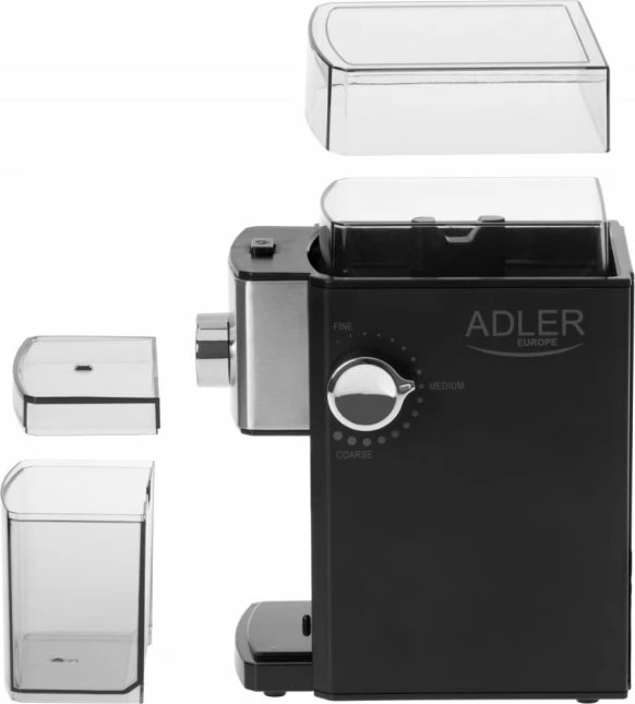 Mulli kafeje Adler AD4448, 250 g, burr metalik, 150 W/300 W max, e zezë/argjendtë