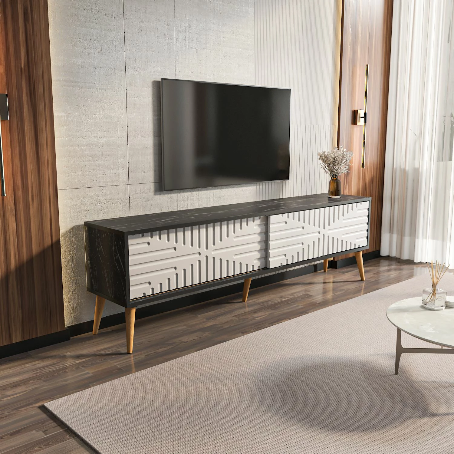 Komodë TV Skye Decor, ngjyrë e zezë dhe e bardhë