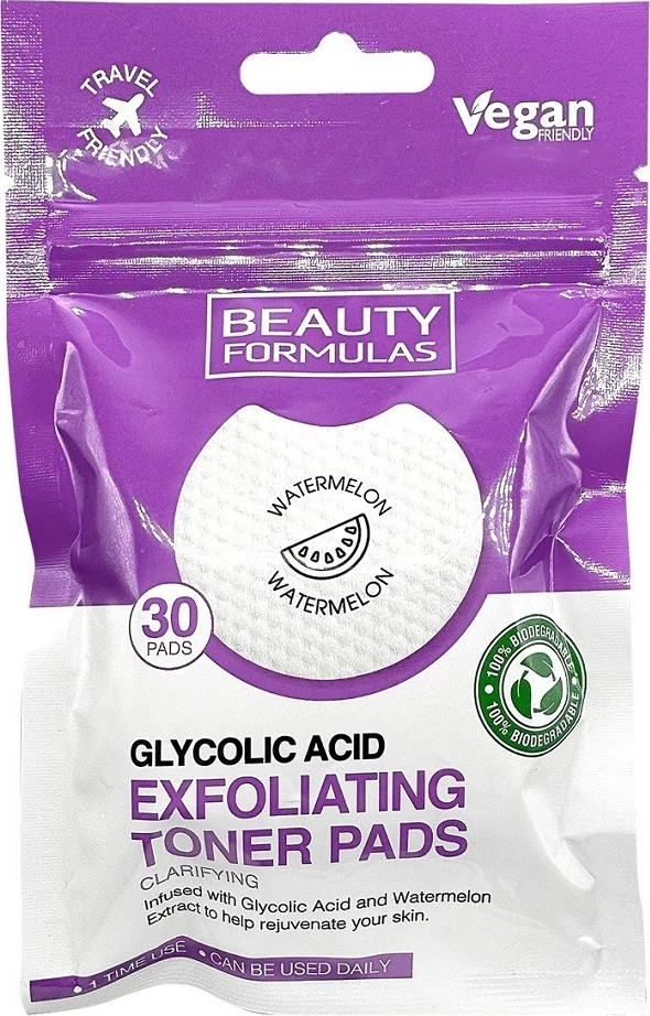 Pllaka eksfoliuese për fytyrë Beauty Formulas Glycolic Acid Exfoliating Toner Pads për femra, 30 copë