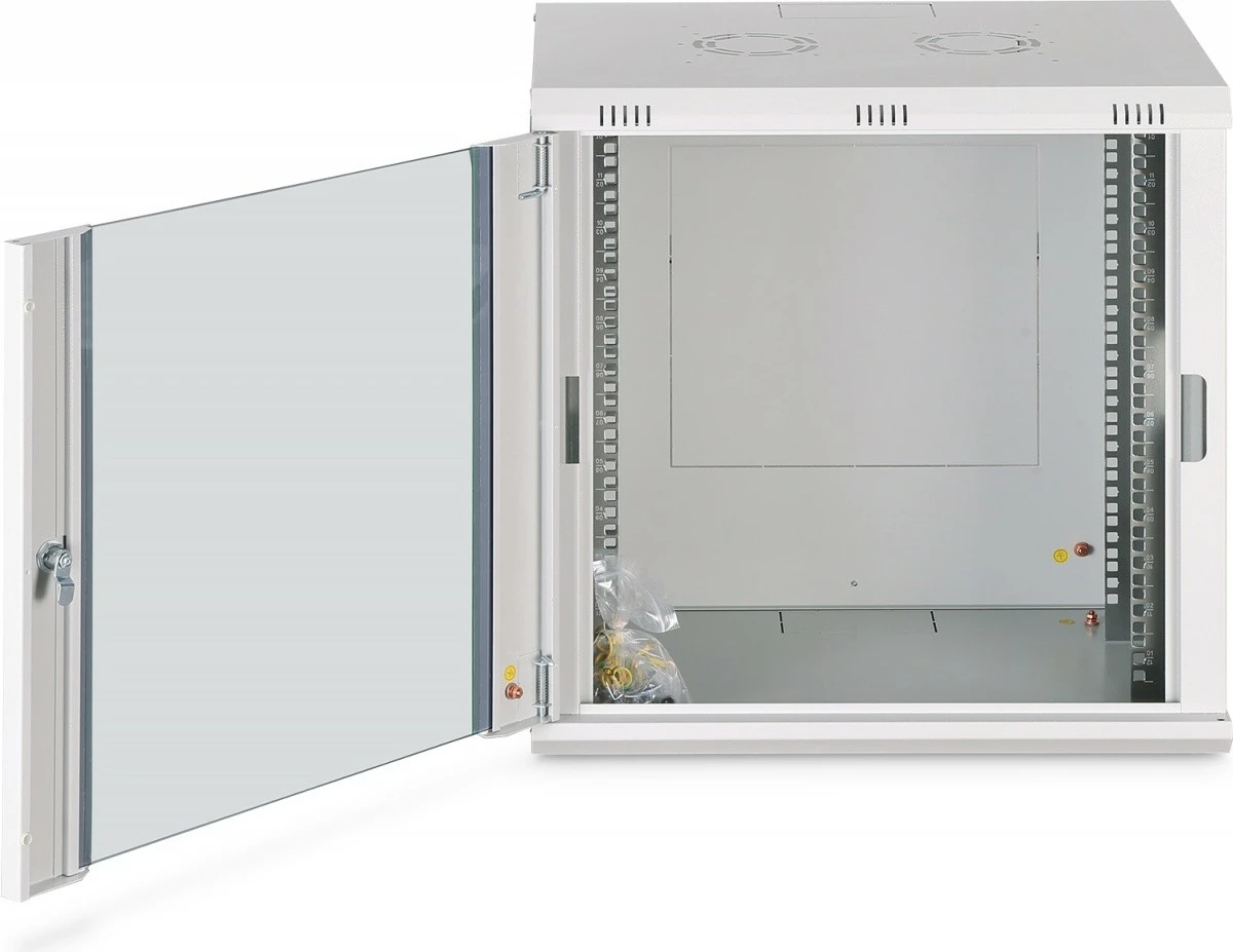 kabinet rrjeti muror Digitus DN-37108 Dynamic 19" 12U, 607×600×450 mm, x4 shina të rregullueshme, derë xhami, IP20, ngarkesë 60 kg, gri