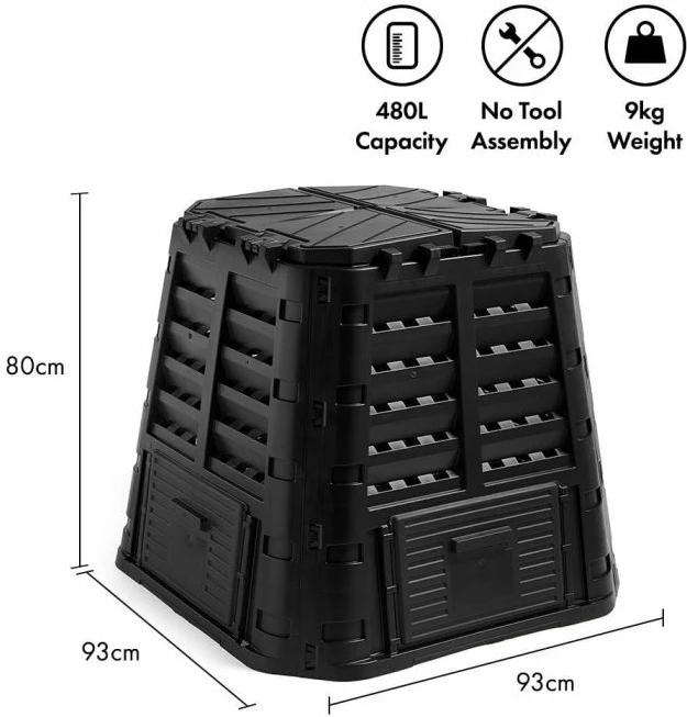 Kosh komposti VONHAUS 2500597 480L, 93x93x80 cm, me ventilim (slatted) dhe kapak me mbledhje uji shiu, ngjyrë e zezë