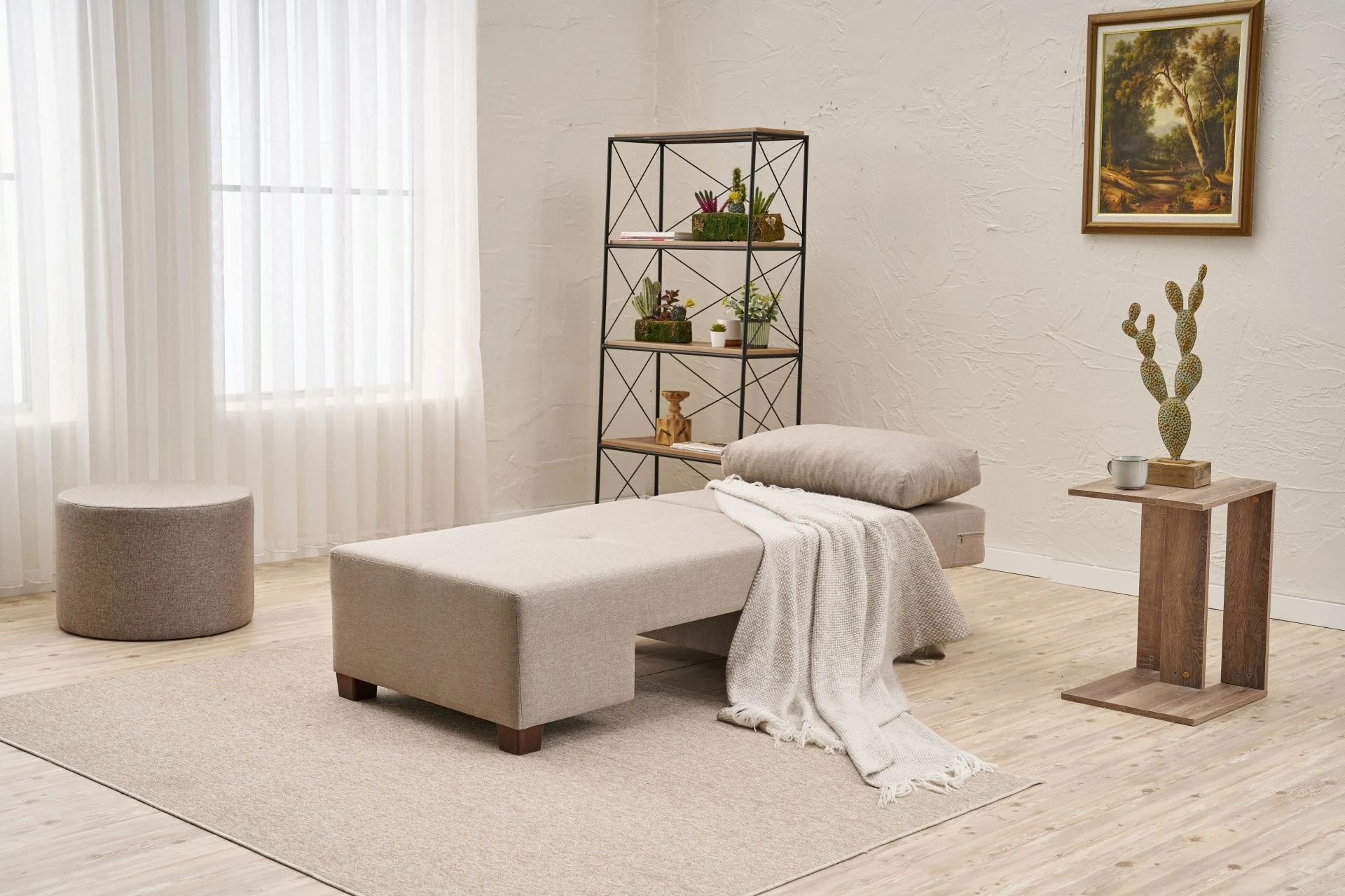 Krevat-sofa një vendësh, liri krem, Perenna, kënd i djathtë
