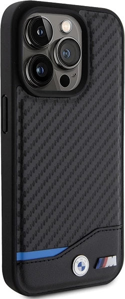 Mbështjellës BMW Leather Carbon MagSafe për iPhone 15 Pro, i zi
