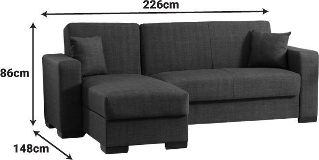 Kënd-sofë krevati Dumma, material tekstili, ngjyrë antracit, këmbë të zeza, 226x148x86cm