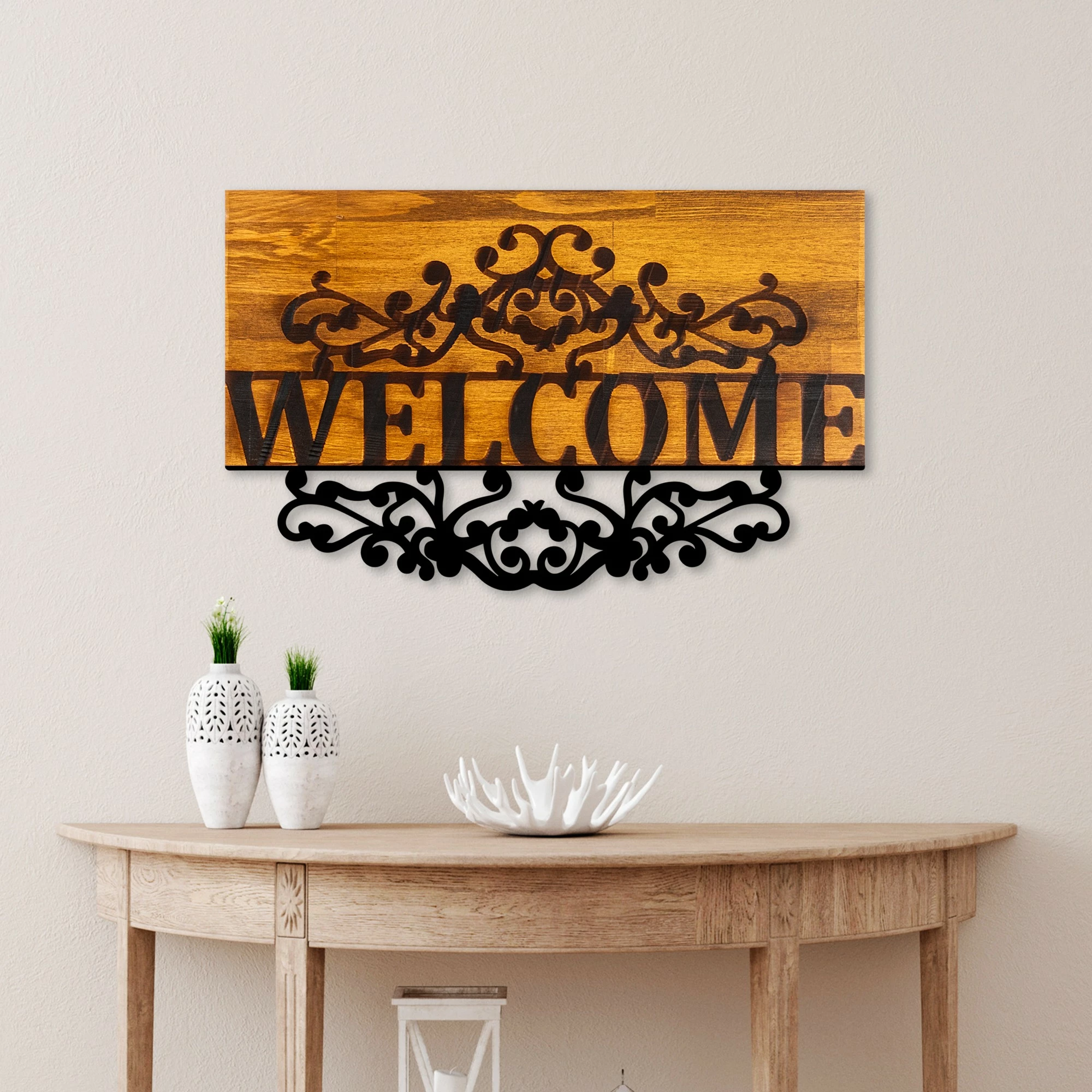 Aksesor dekorativ muri prej druri, Wallity, ngjyrë arre dhe e zezë, Welcome