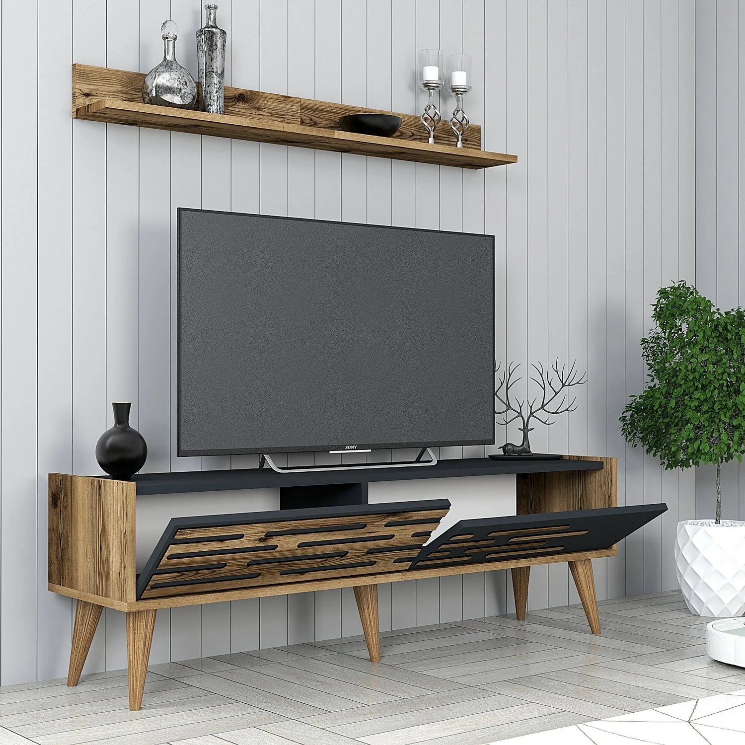 Set mobiljesh për dhomë dite, Skye Decor, Valensiya 140, ngjyrë arre dhe antracit