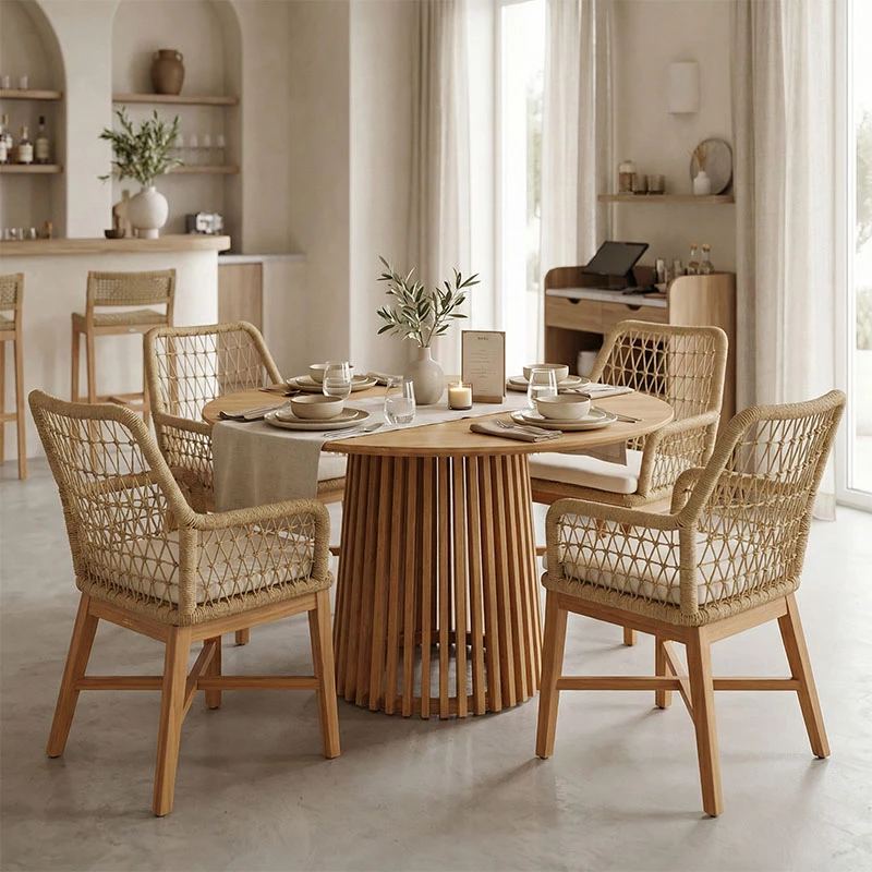 Tavolinë me karrige Elaiza-Kenda 5 pjesë dru teak, ngjyrë natyrale-bezhë, D120x75cm