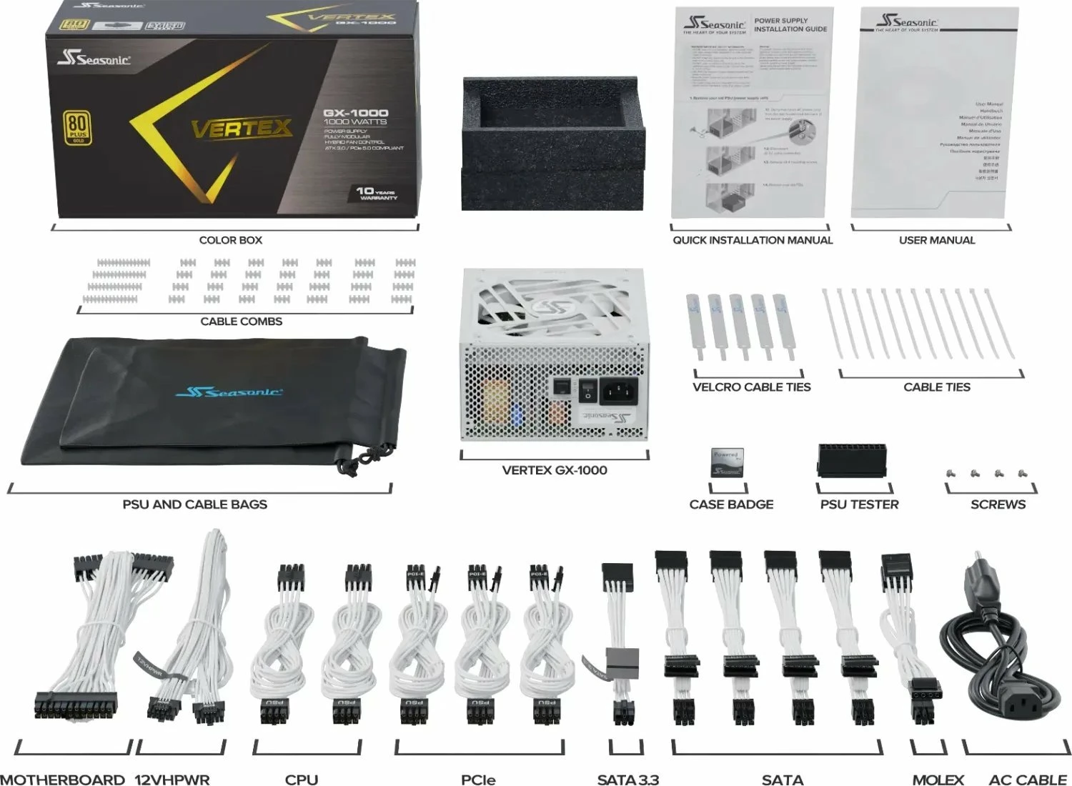 Furnizues rryme SeaSonic Vertex GX (VERTEX-GX-1000-WHITE) 1000W 80 Plus Gold ATX 3.0 modular komplet, i bardhë