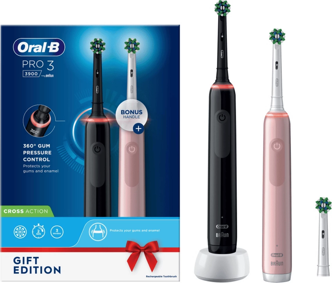 Furçë dhëmbësh elektrike Oral-B Pro 3 3900N Duo, e zezë dhe rozë
