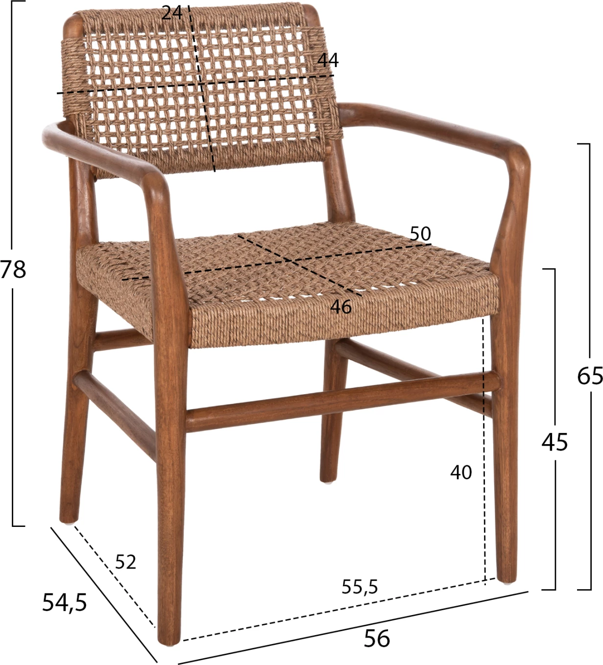 Karrige për ngrënie ROSCO FH6132.01 dru TEAK ngjyrë arre, litar VIRO ngjyrë kafe, 56x54.5x78H cm