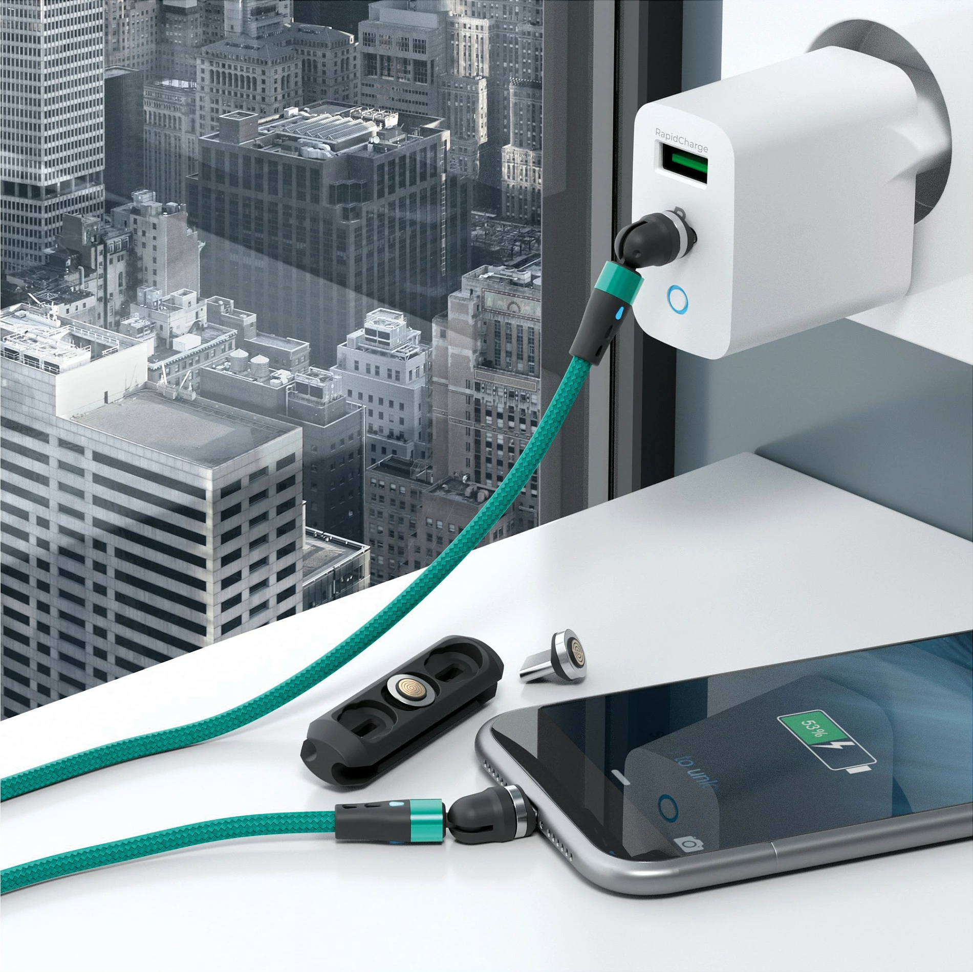 Kabllo karikimi magnetike RealPower MagneticCharge2, 1 m, me adaptorë, e gjelbër