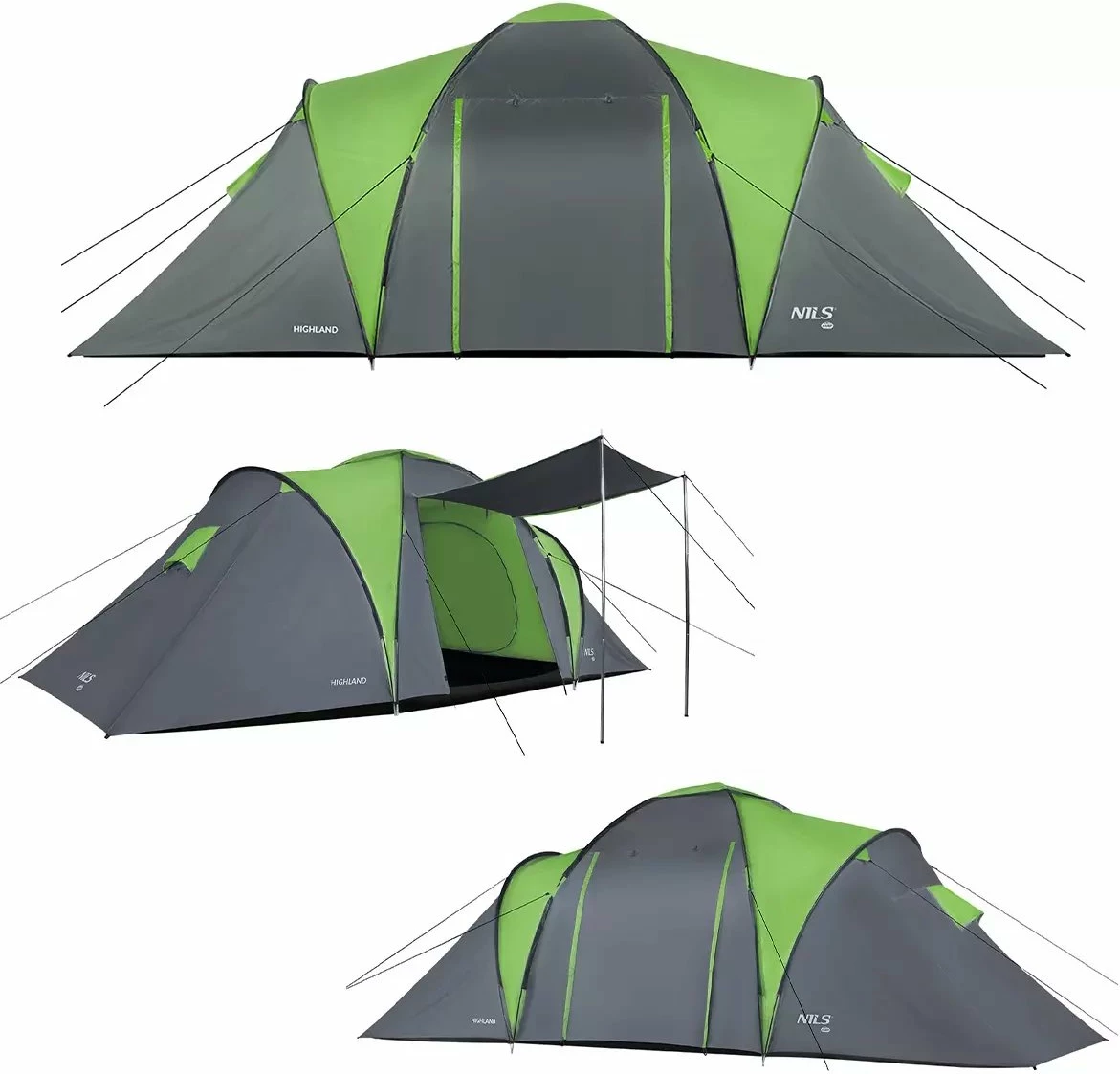 Çadër kampingu Nils Extreme NC6031 Highland për 6 persona, tunel, 570 x 210 x 200 cm, gri/jeshile