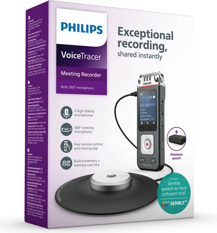 Diktafon Philips VoiceTracer, 8GB, 24bit/96kHz, USB-C, 360° mikrofon takimesh, zi/hiri