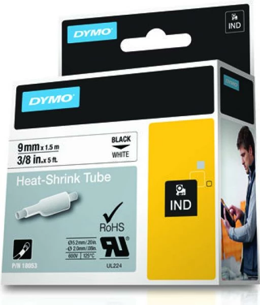 Tub tkurrës për etiketim, Dymo, RhinoPRO 18053 (S0718280), 9 mm x 1.5 m, raport tkurrjeje 3:1, zi në të bardhë