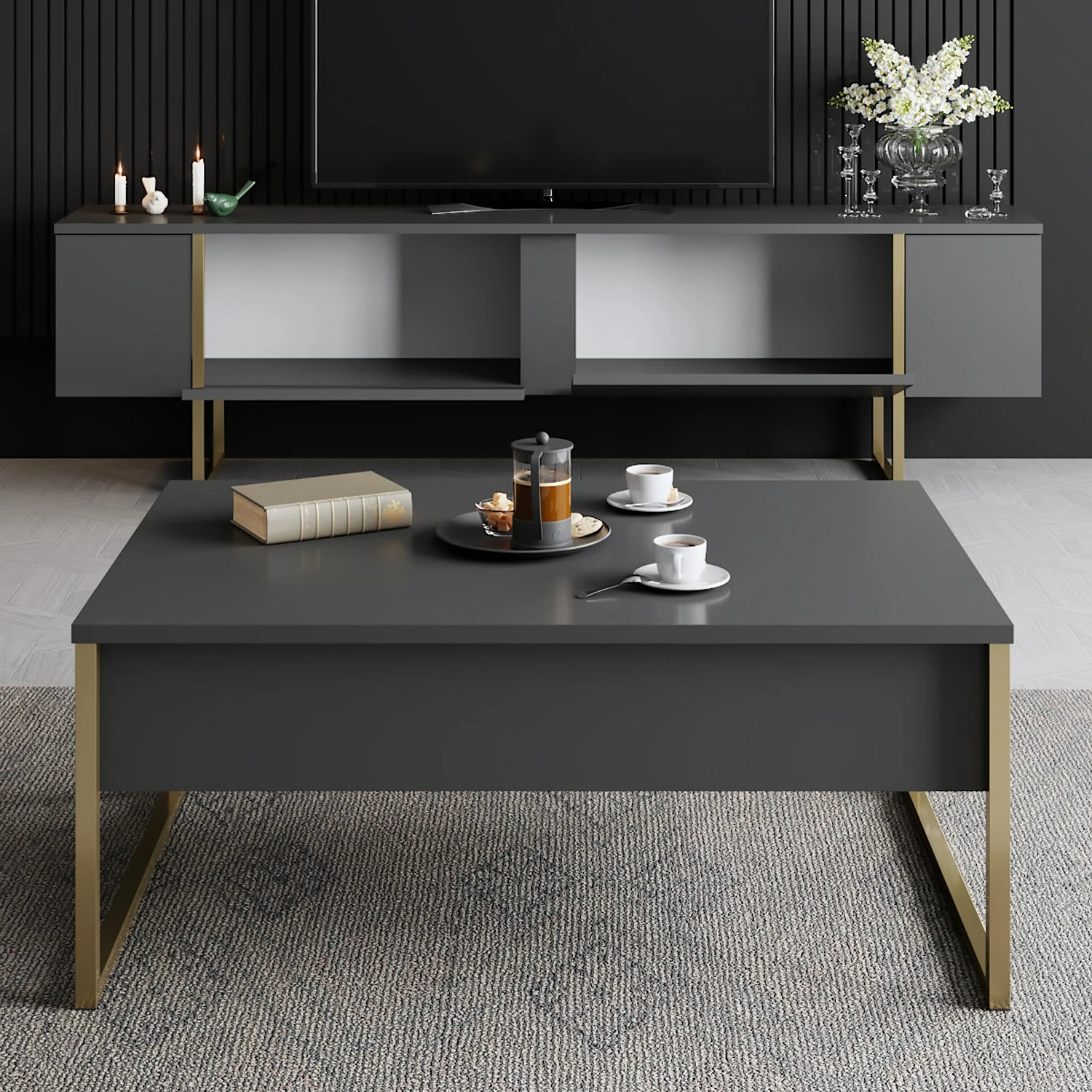 Komodë TV Hanah Home, Luxe, antracit, ari
