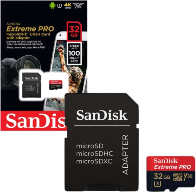 Kartelë memorje microSDHC SanDisk Extreme Pro 32GB A1 Class 10 V30 UHS-I U3, kuqe/zezë, me adapter SD