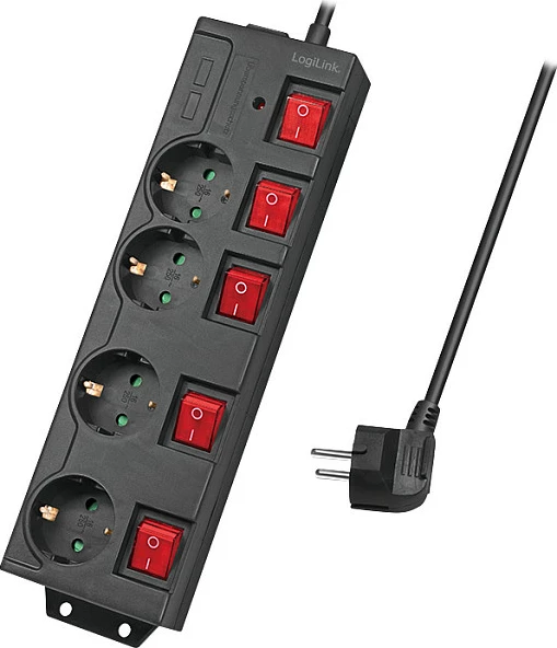 Zgjatues rryme LogiLink LPS251, 4 priza Schuko Type F, 1.5 m, me switch, mbrojtje nga mbitensioni, i zi
