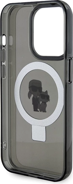 Mbështjellës Karl Lagerfeld KLHMP15LHMRSKCK për iPhone 15 Pro 6.1", me unazë Ring Stand Karl&Choupette, MagSafe, zi