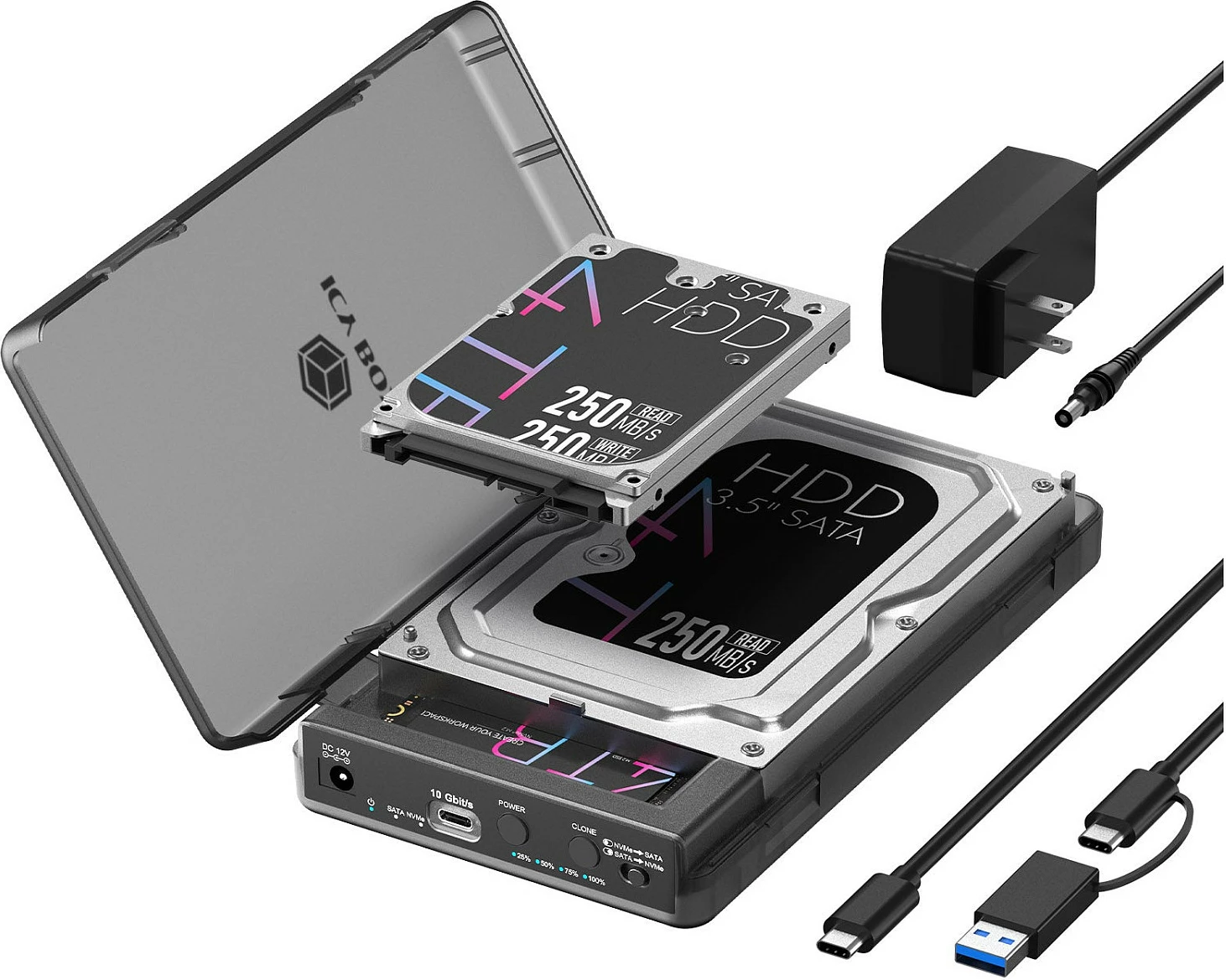 Docking/Klon stacion ICY BOX, për M.2 NVMe dhe 2.5/3.5" SATA SSD/HDD, i zi