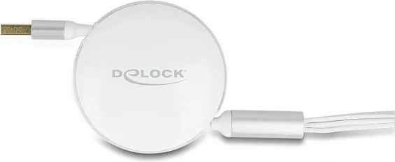 Kabllo karikimi 3-në-1 DeLOCK retraktabile, USB-A në Micro-USB + 2x USB-C, 1.13 m, 3A, e bardhë