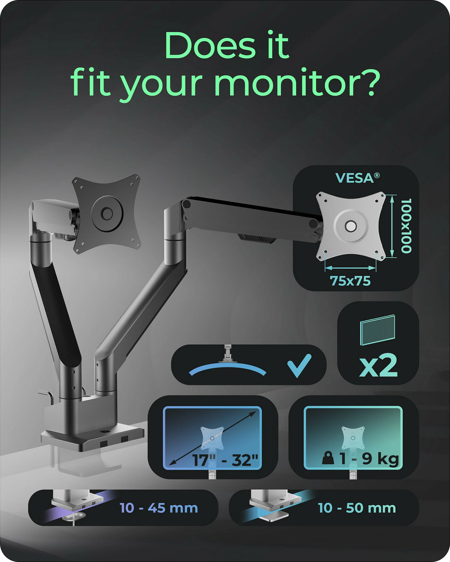 Mbajtës monitorësh ICY BOX IB-MS524-T, për 2 monitorë 17-32", VESA 75x75/100x100, gas spring, gri/argjend