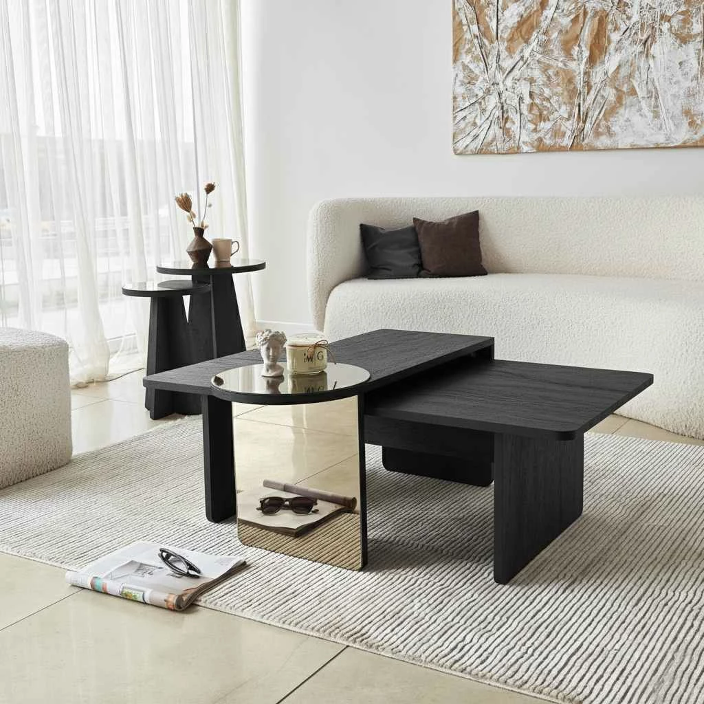 Set tavolinash ndihmëse, 4 copë, ngjyrë e zezë dhe bronzi, Skye Decor Luna