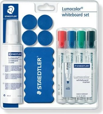 Set aksesorësh whiteboard Staedtler Lumocolor 613 S, 4 markerë, fshirëse magnetike, sprej pastrimi, 4 magnetë, kaltër/bardhë