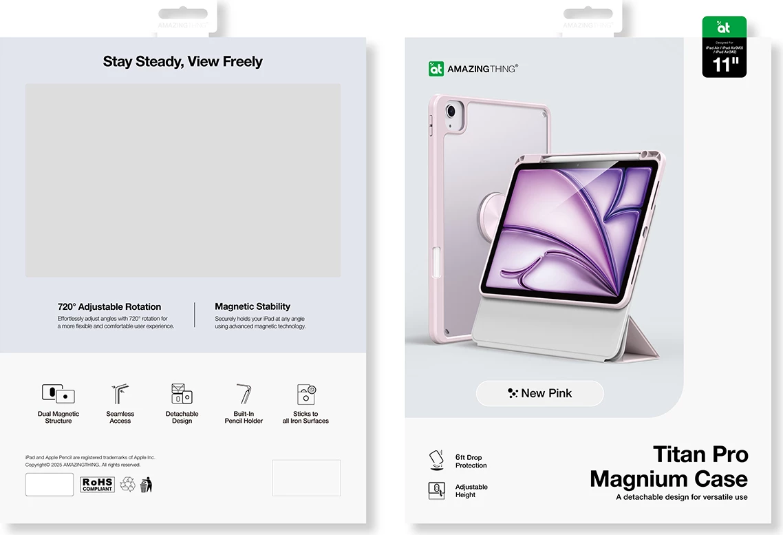 Mbështjellës tablet, AmazingThing, Titan Pro Mag, për iPad Air 11" M3/M2 dhe 10.9" (5 gen), 720° rrotullim, qëndrim magnetik, mbajtëse Apple Pencil, rozë