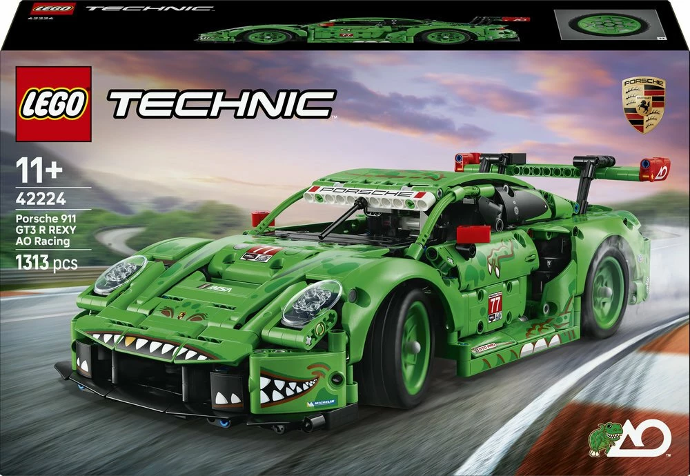 Set LEGO Technic Porsche 911 GT3 R REXY AO Racing Car 42224, 1313 copë, jeshil