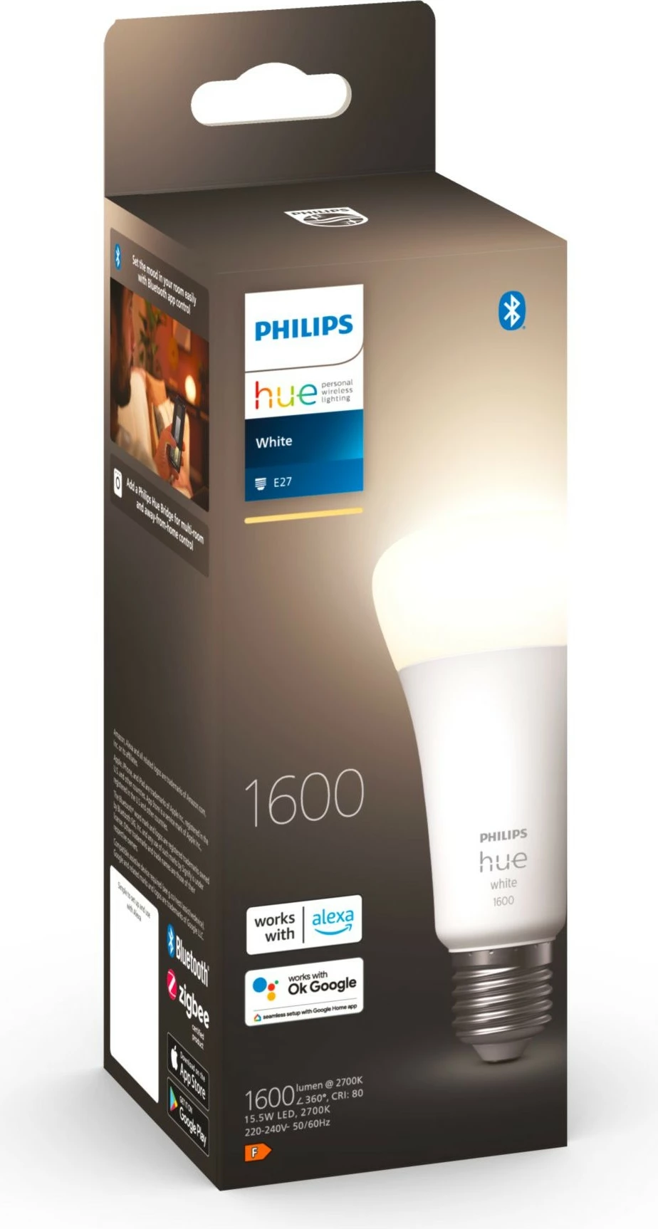 Llambë smart Philips Hue White A67, E27, 1600 lm, Bluetooth/Zigbee, e bardhë