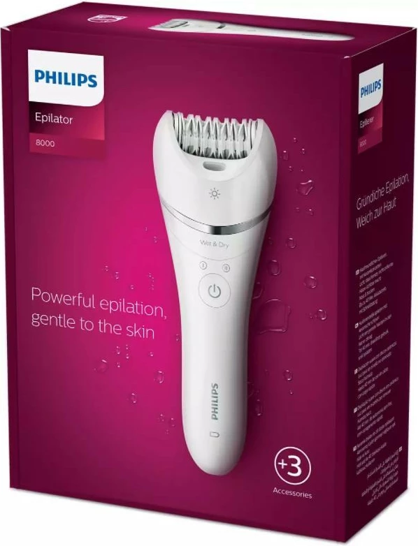 Depilator Philips Series 8000 BRE700/00, i bardhë, pa tela, për përdorim të thatë dhe të lagësht, me aksesorë