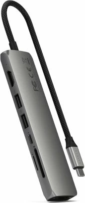 Adapter multiport USB-C Satechi 7-në-1 Slim Multiport, HDMI 4K@60Hz, Ethernet Gigabit, USB-A 10Gbps, PD 100W, SD/MicroSD, gri hapësinore