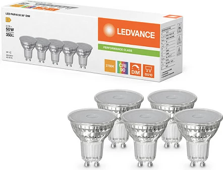 Llambë LED spot OSRAM PAR16 GU10, 3.7W (ekuivalente 50W), 2700K, dimmable, 5 copë, e bardhë e ngrohtë